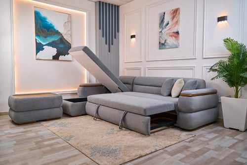 كنبة مودرن حرف L مع سحّاب تخزين وبف خشبي – كنب أني...