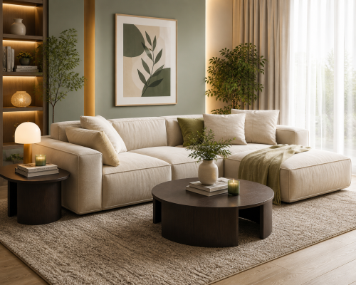 كنبة زاوية 300×180×85×85 سم خشب سويدي وقماش كتان -...