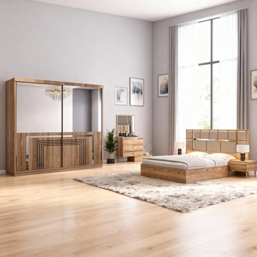 غرفة نوم فندقية هادئة خشب طبيعي فاتح وبيج بلوح مبط...