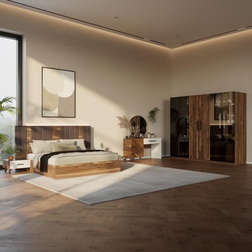 مجموعة غرفة نوم مودرن خشب بني داكن وأسود بمرآة دائ...