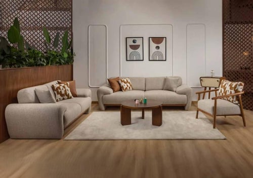 مجموعة كنب عائلية خشب زان طبيعي بيج فاتح – 4 حبه