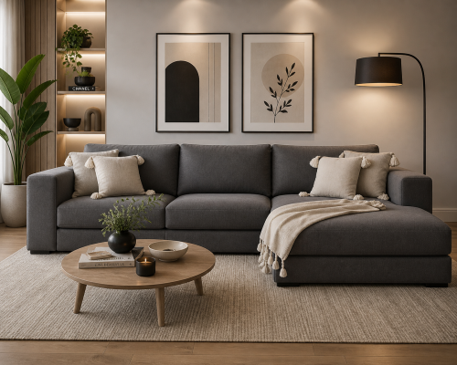 كنبة زاوية 300×180×85×90 سم خشب سويدي وقماش كتان -...