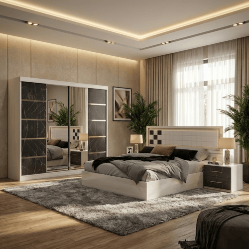 غرفة نوم مودرن خشب بتفاصيل ذهبية – 5 قطع