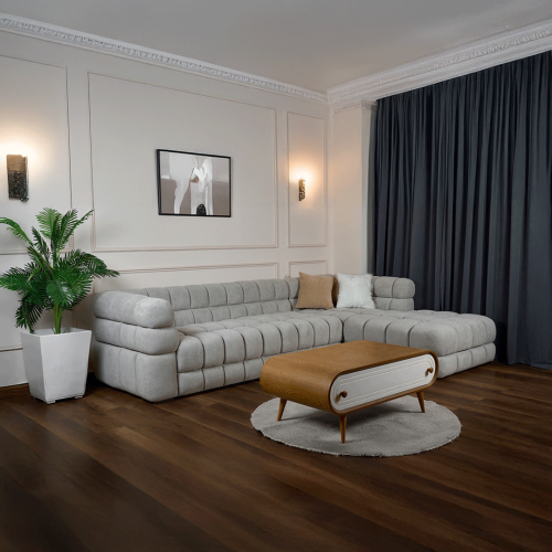 كنبة زاوية قماش وهيكل خشبي - تصميم بابلز - لون رما...