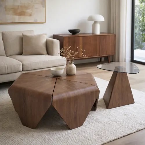 طقم طاولات قهوة تصميم هندسي – خشب وزجاج – بني وأسو...