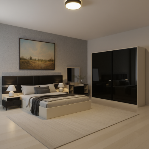 غرفة نوم عصرية خشب بيج مع أسود – 5 قطع