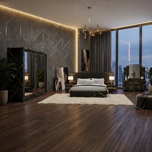 غرفة نوم رئيسية فاخرة خشب أسود مزخرف بخطوط ذهبية –...