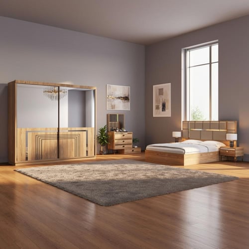 غرفة نوم فندقية هادئة خشب طبيعي فاتح وبيج بلوح مبط...