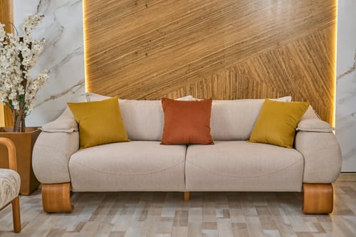 طقم كنب بيج فاتح بتصميم خشبي مشجر – 4 قطع