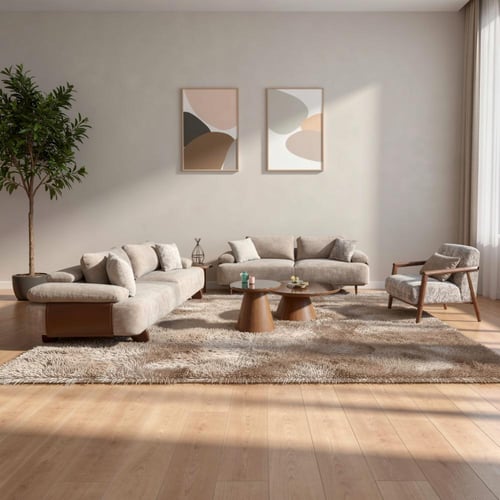 طقم كنب عصري خشب زان طبيعي قماش بيج فاتح – 4 حبه