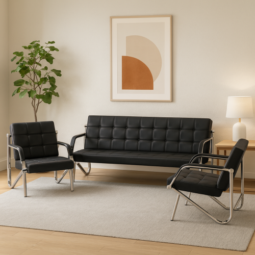 طقم كنب مكتبي جلد لون أسود – 3 قطع