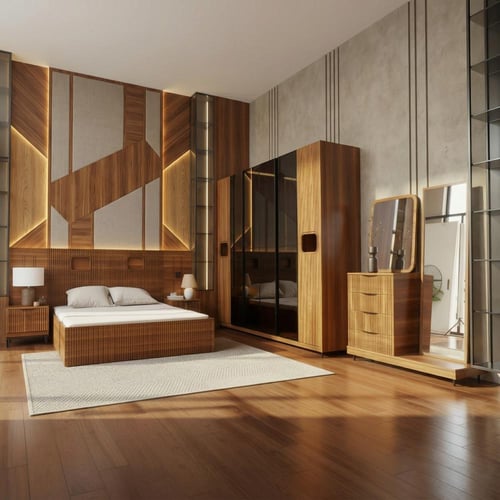 غرفة نوم خشب بتصميم مودرن لون خشبي - 5 قطع