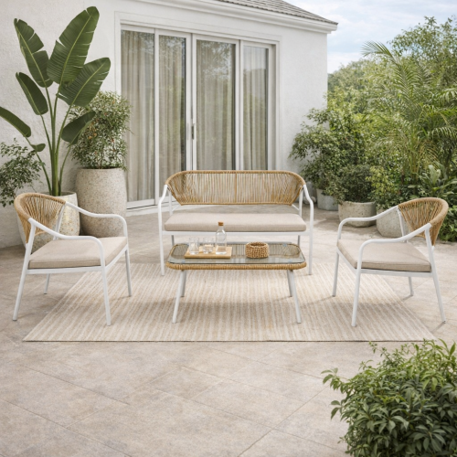 طقم كنب بتصميم عصري مع طاولة - بيج - 4 قطع