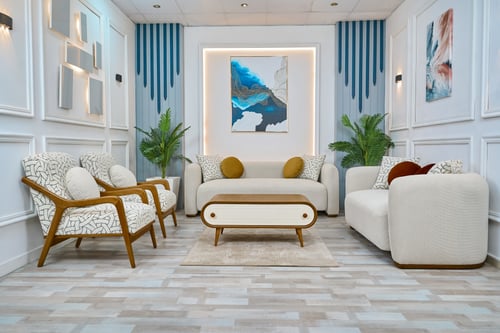 طقم كنب مودرن بيج 7 مقاعد خشب عالي الجودة