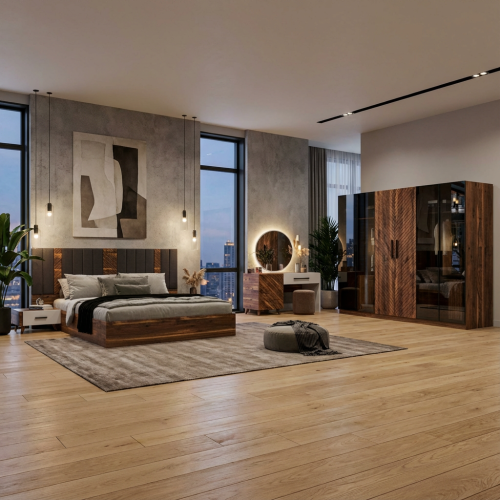 مجموعة غرفة نوم مودرن خشب بني داكن وأسود بمرآة دائ...