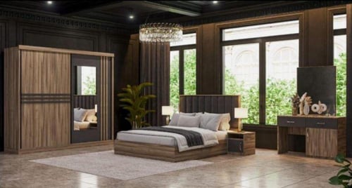 غرفة نوم مودرن خشب بني بظهر مبطن رمادي غامق – 5 قط...