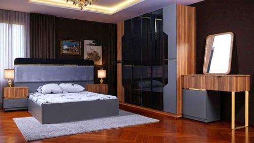 غرفة نوم خشب بتصميم حديث لون خشبي x رمادي - 5 قطع