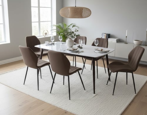 طاولة طعام سطح بديل رخام لون بني - طقم 7 قطع 6+1-...