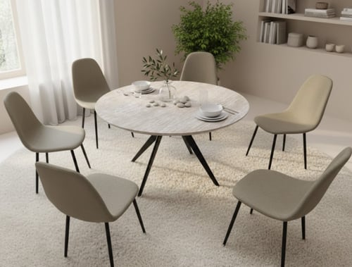 طقم طاولة طعام خشب ماليزي بيج - 7 قطع -طاولة + 6 ك...