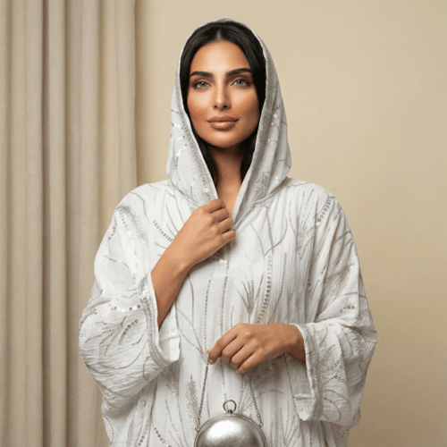 جلابية بيضاء مطرزة بقماش هندي – تصميم عصري فاخر