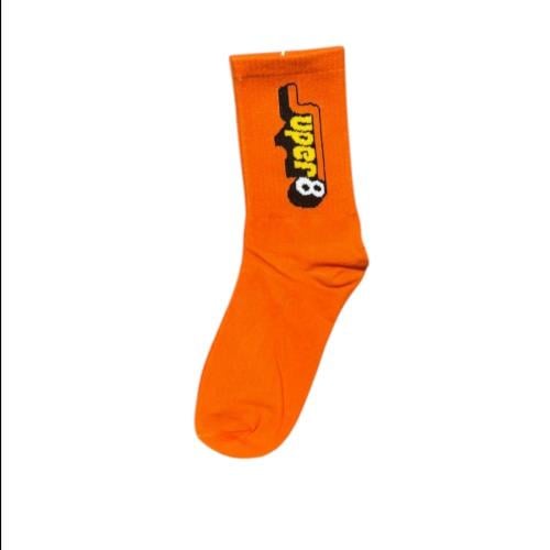 Orange drink with "Super 8" print
