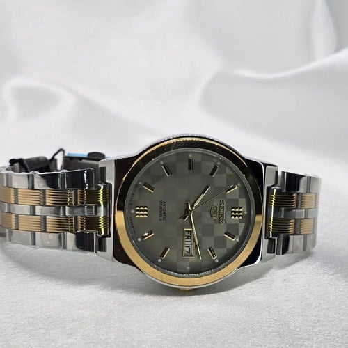 ساعة SEIKO اوتوماتيك رجالي اطار رمادي مخطط ذهبي