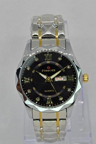 ساعة رجالي كوارتز ميناء أسود و سوار رمادي مخطط ذهب...