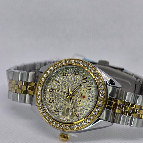 ساعة نسائية ميناء دائري ذهبي مفصص بالكامل و سوار ر...