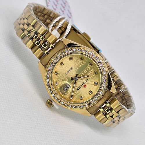 ساعة نسائية ميناء دائري ذهبي مفصص و سوار ذهبي