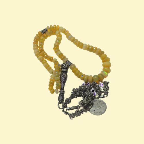 سبحة اوبال اثيوبي اصفر كركوشة وفواصل ( فضة ) نادرة