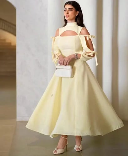 فستان ناعم ليموني كم ربط