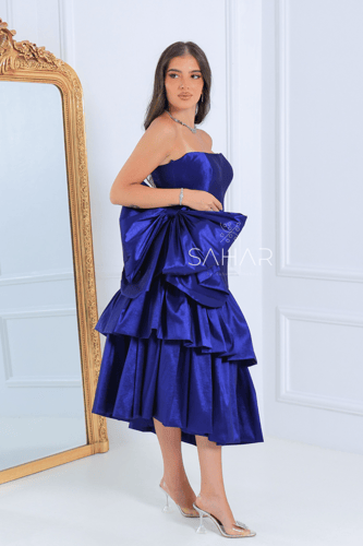 فستان سهرة ميدي طبقات مع فيونكة جانبية