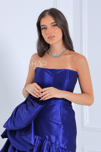 فستان سهرة ميدي طبقات مع فيونكة جانبية