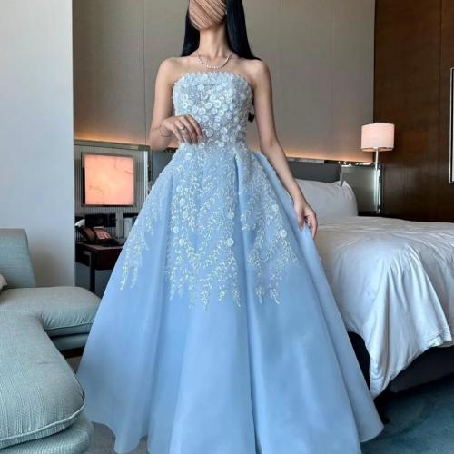 فستان سهرة سماوي اوف شولدر مطرز