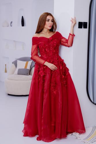 فستان سهرة احمر مورد راقي باكمام طويلة