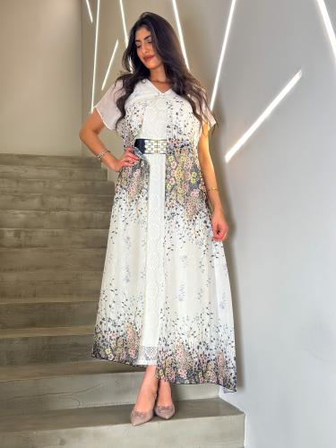 فستان قطعتين شيفون مشجر و دانتيل بحزام اسود عريض