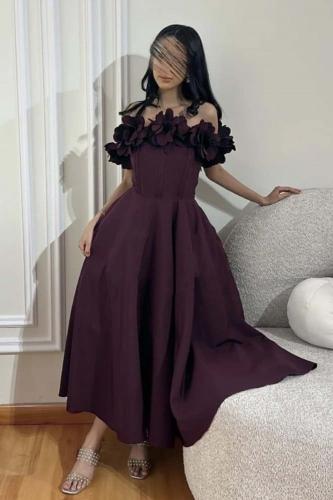 فستان عنابي ميدي اوف شولدر مزين بلورود