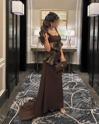 فستان بني ناعم أنيق بفيونكة كبيرة