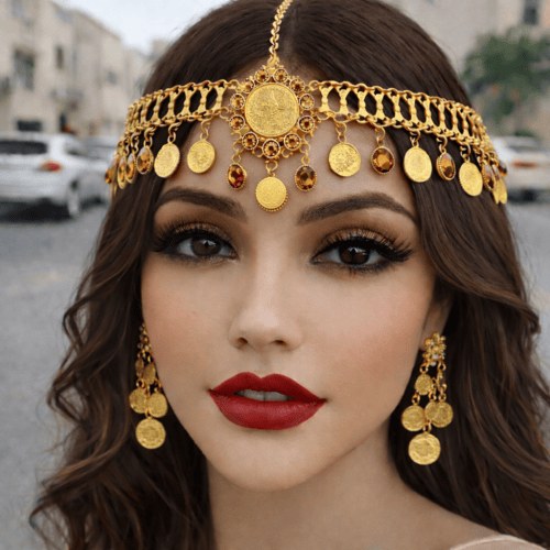 تاج عملات تراثي ذهبي – زينة رأس للعرائس والمناسبات