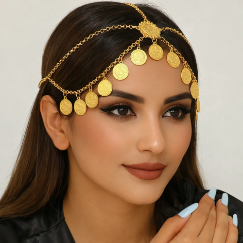 سلسلة الجبين الذهبية بالعملات – لمسة شرقية فاخرة