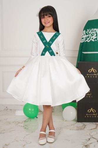 فستان اليوم الوطني بتصميم إكس أبيض وأخضر للبنات - ZELIA