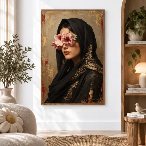 لوحة جمال عربية – كانفس فني لامرأة عربية مغطاة بأزهار