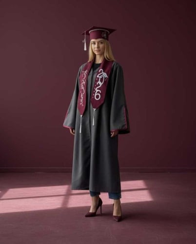 عبايات تخرج 2026 رمادي مع وشاح عنابي بتصميم ملكي م...