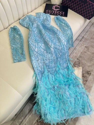 فستان ازرق ريش فخم