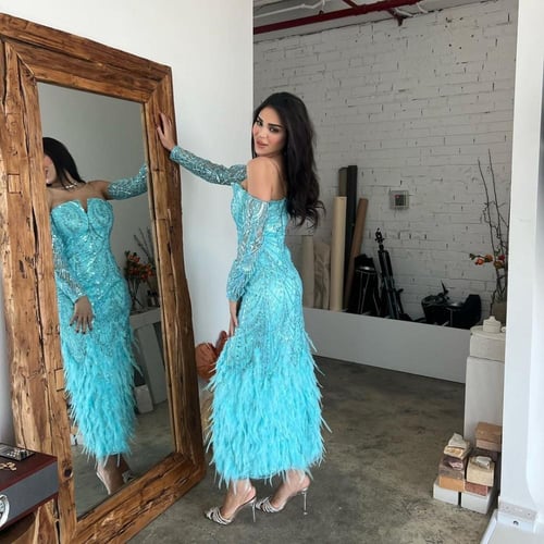 فستان ازرق ريش فخم