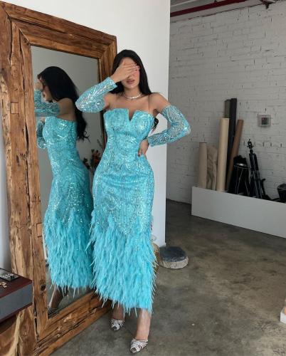 فستان ازرق ريش فخم