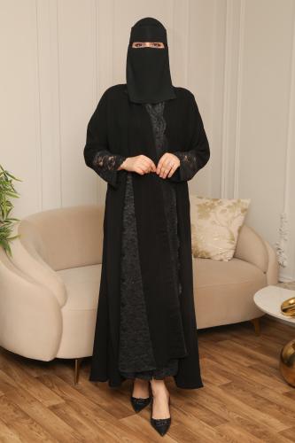 عباية نص كلوش سوداء مزينة بالدانتيل الفاخر - عبايا...
