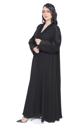 عباية دبل كلوش سوداء فاخرة بتدخيلة قماش شكيرا وتطر...