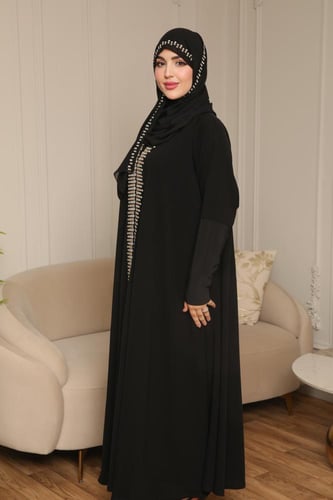 عباية دبل كلوش سوداء ملكي بأكمام استرتش عملية - عب...