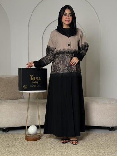 عباية بليزر لونين (بيج وأسود) مزينة بالدانتيل الفر...